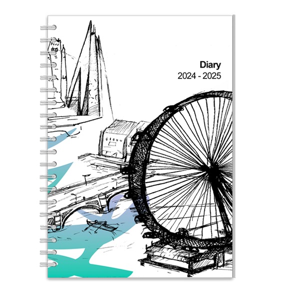 Personalised diary with a cover featuring hand drawn look London cityscape inculding London eye
